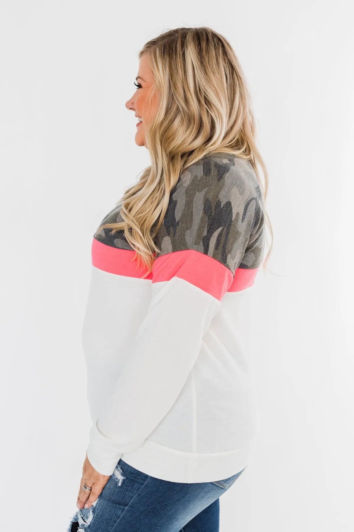 Best Foot Forward Long Sleeve Top- Camo, Neon pink, & Ivory