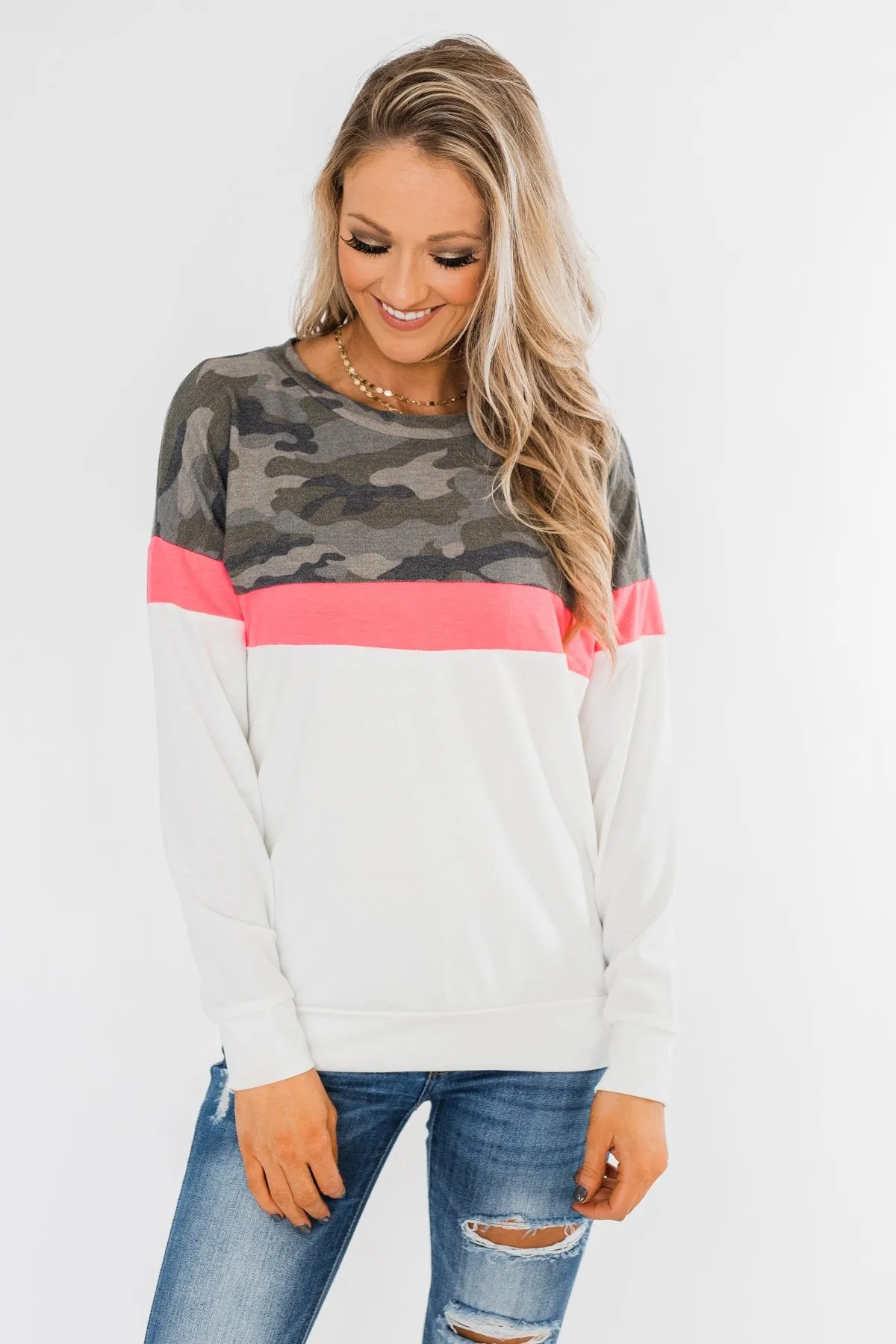 Best Foot Forward Long Sleeve Top- Camo, Neon pink, & Ivory