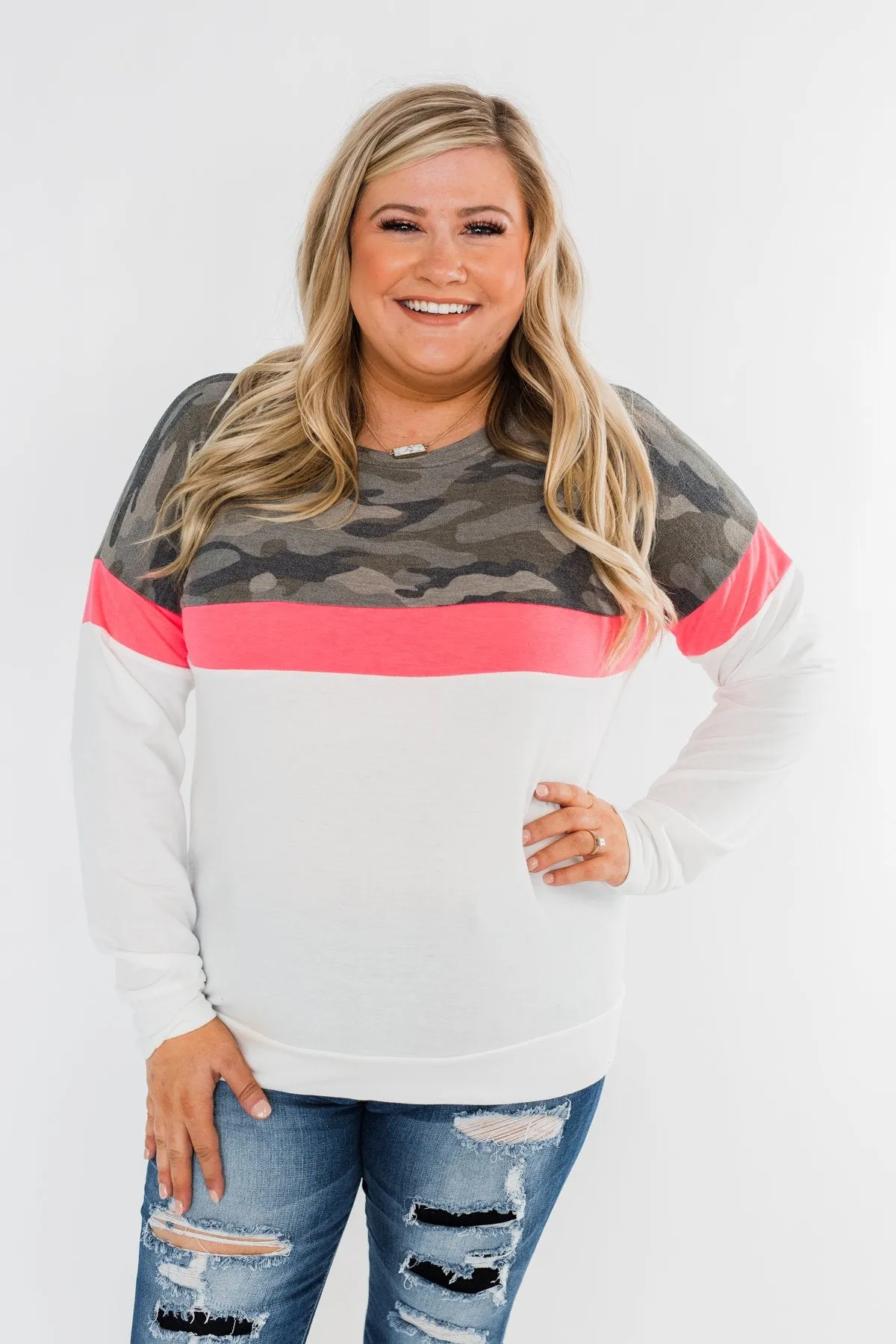 Best Foot Forward Long Sleeve Top- Camo, Neon pink, & Ivory