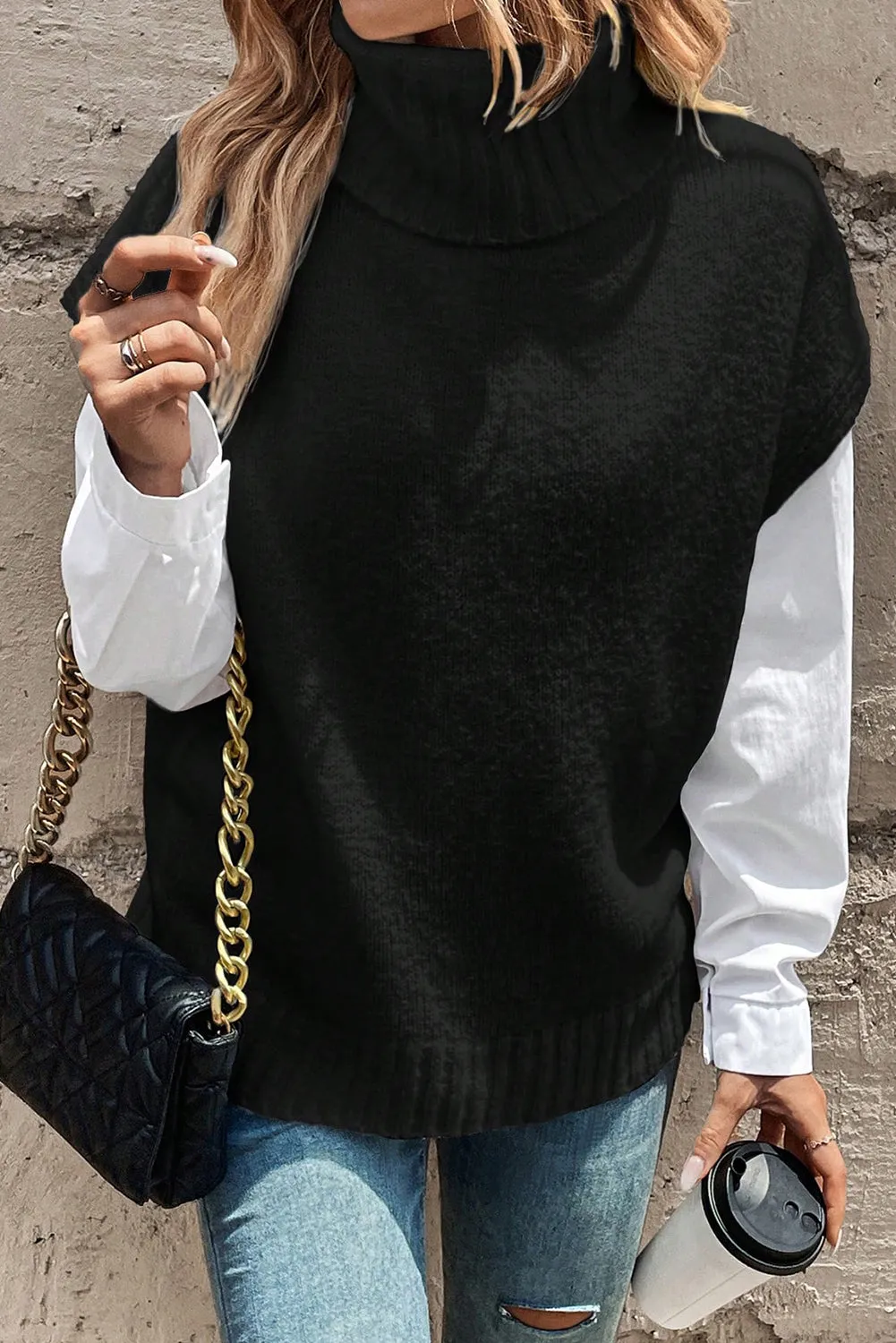 Black Brushed Knit Turtleneck Short Sleeve Sweater