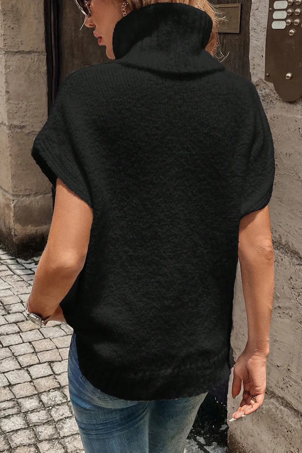 Black Brushed Knit Turtleneck Short Sleeve Sweater