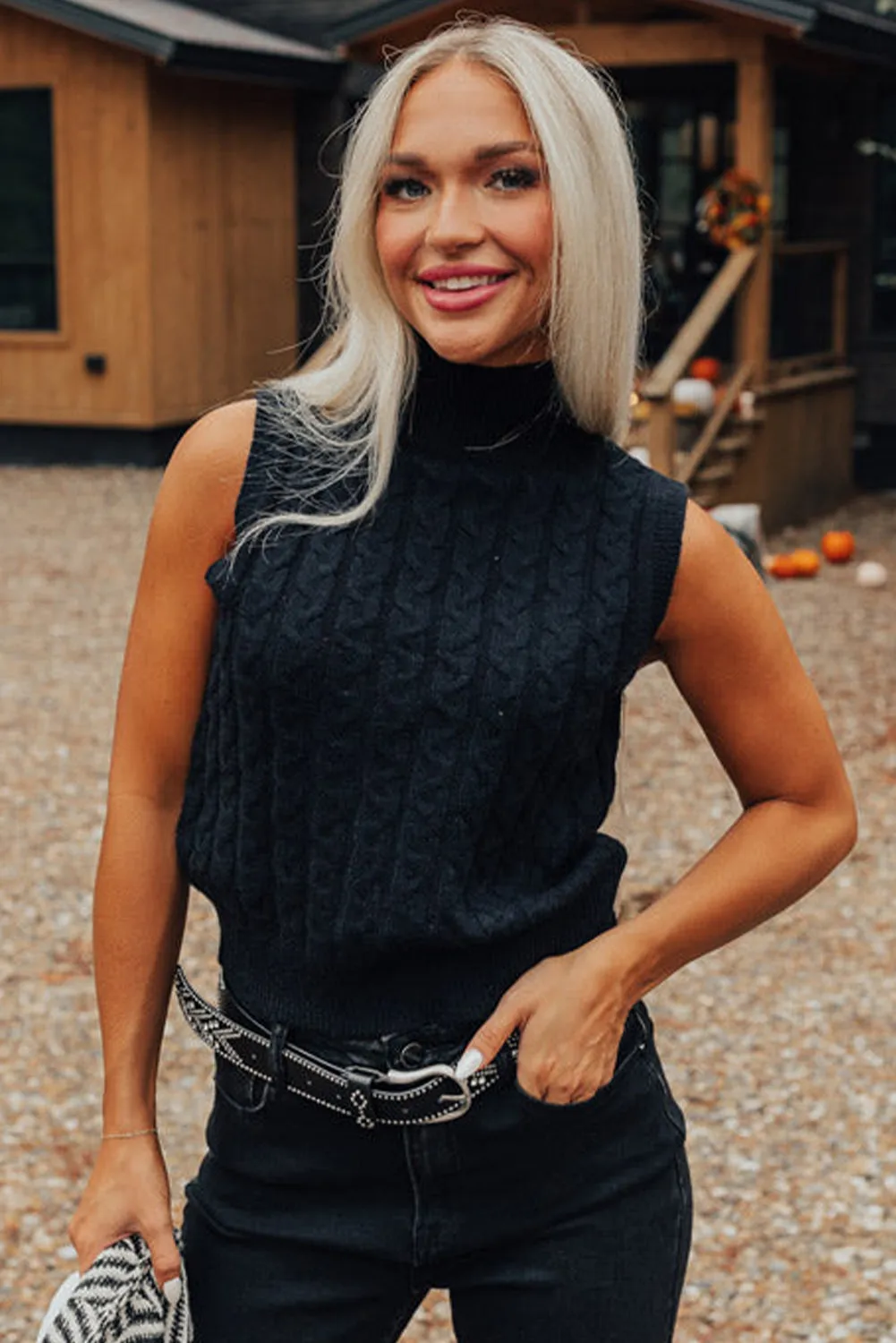 Black Cable Knit Turtleneck Sleeveless Sweater Top