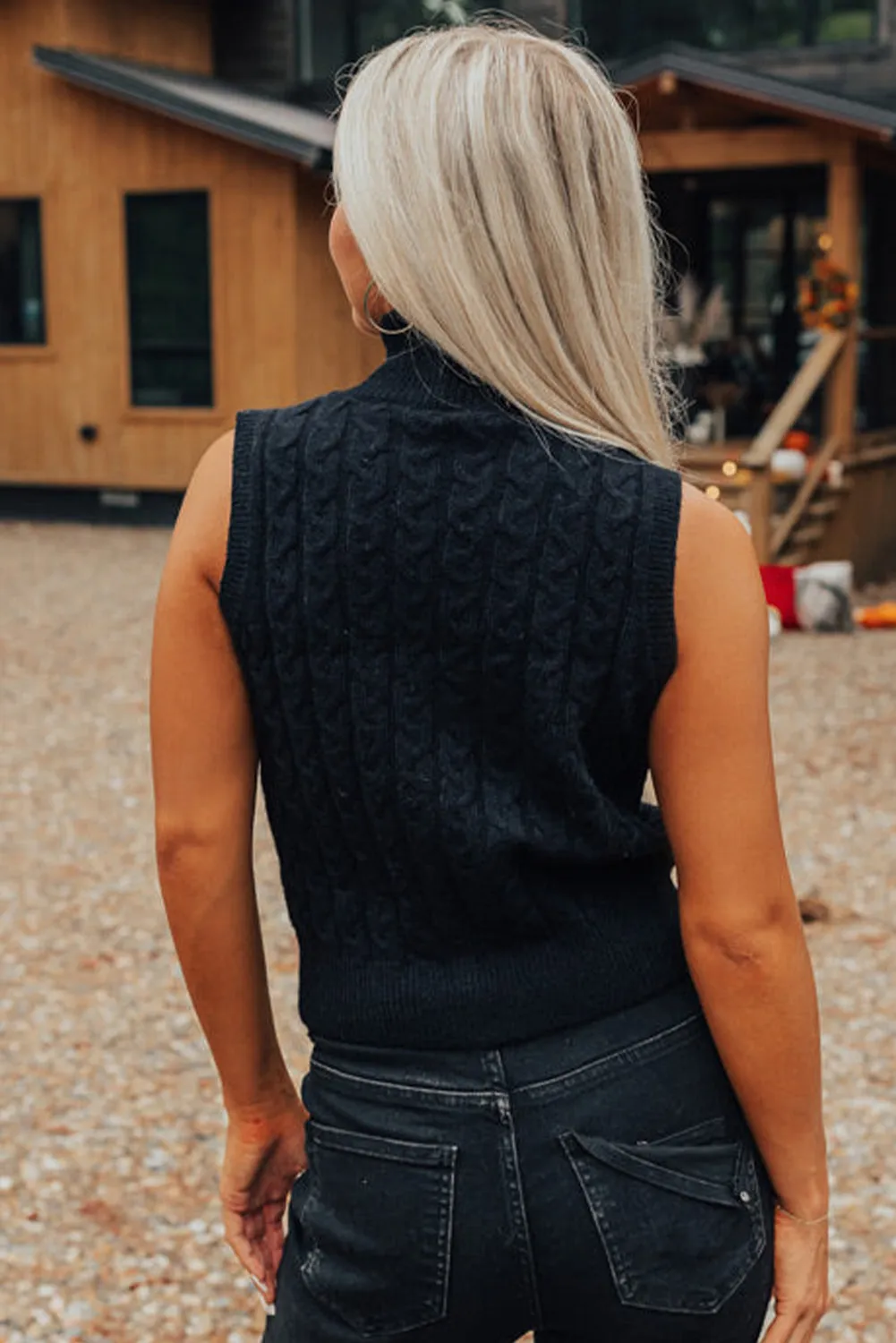 Black Cable Knit Turtleneck Sleeveless Sweater Top