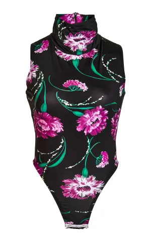 Black Floral Stretch Turtle Neck Bodysuit