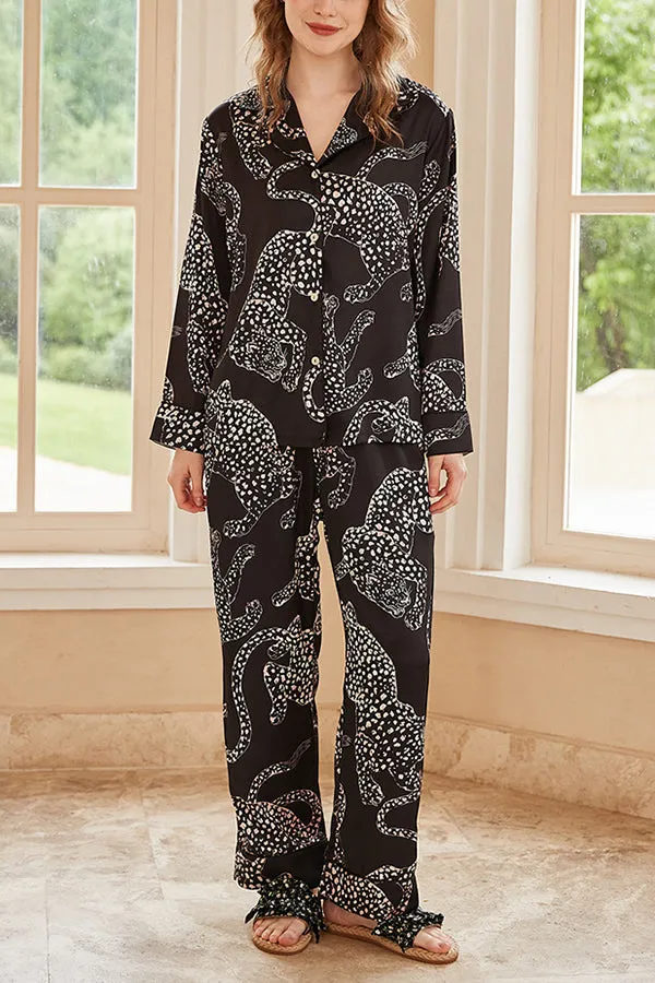Black Jaguar Print Home Long-sleeved Two-piece Set