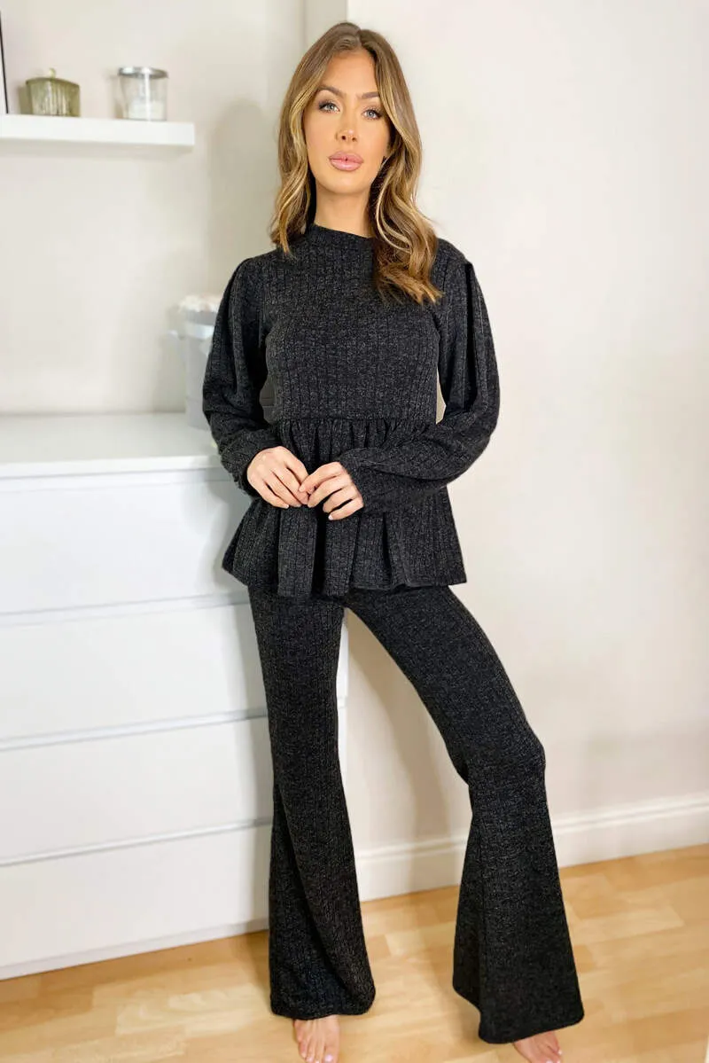 Black Peplum Flared Leg Lounge Set