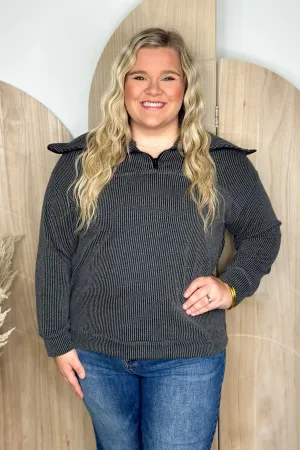 Black Ribbed Collared Half Zip Pullover *Final Sale*