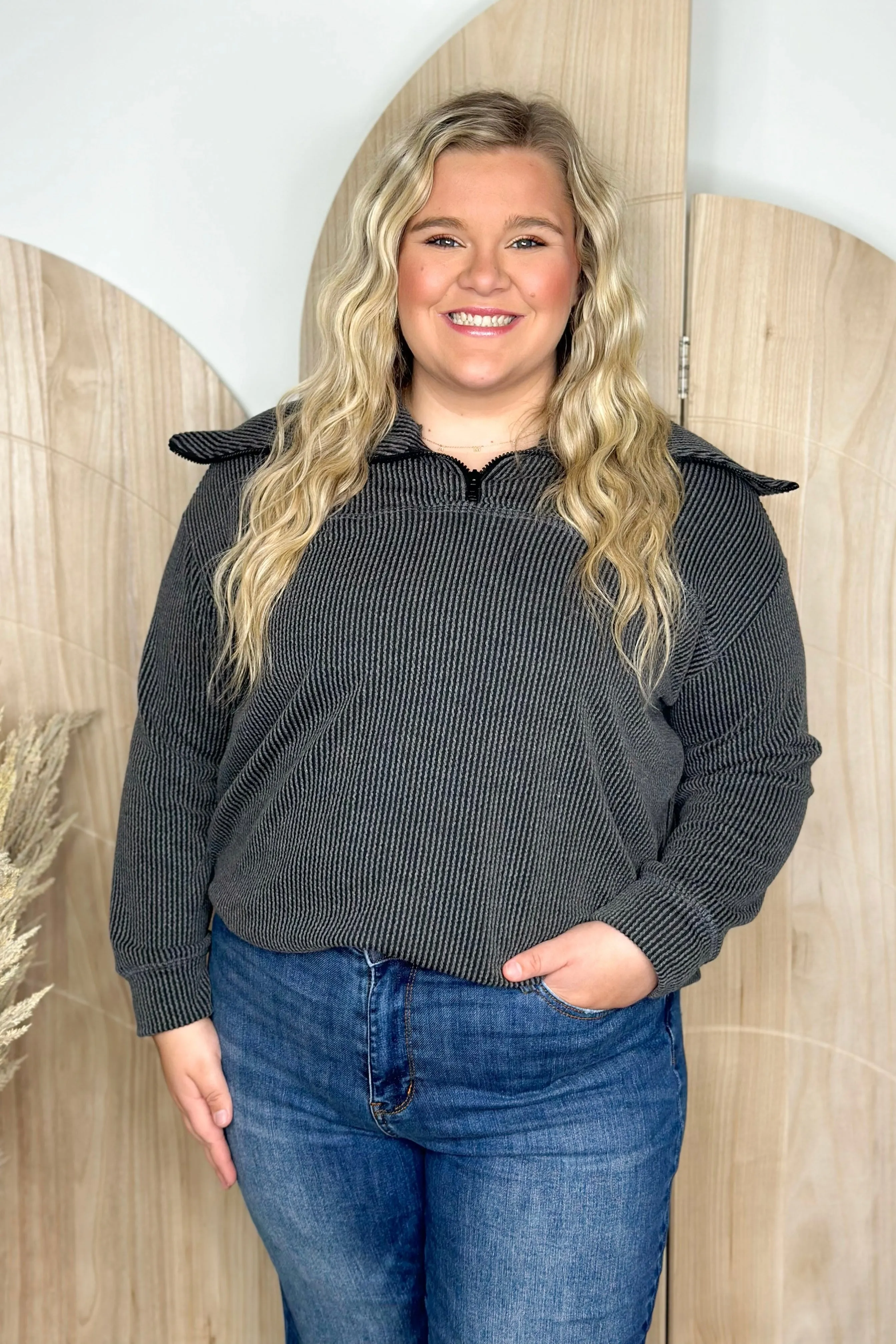 Black Ribbed Collared Half Zip Pullover *Final Sale*