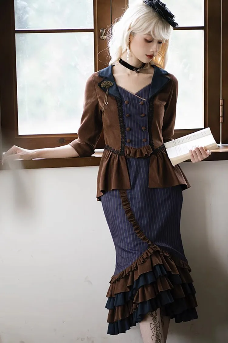 Blue/Brown Time Traveler Long Sleeves Multi-layer Print Ruffle Punk Lolita Mermaid Skirt Set