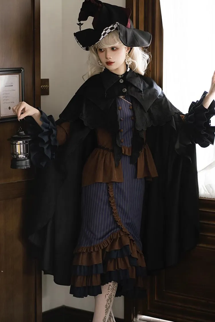 Blue/Brown Time Traveler Long Sleeves Multi-layer Print Ruffle Punk Lolita Mermaid Skirt Set
