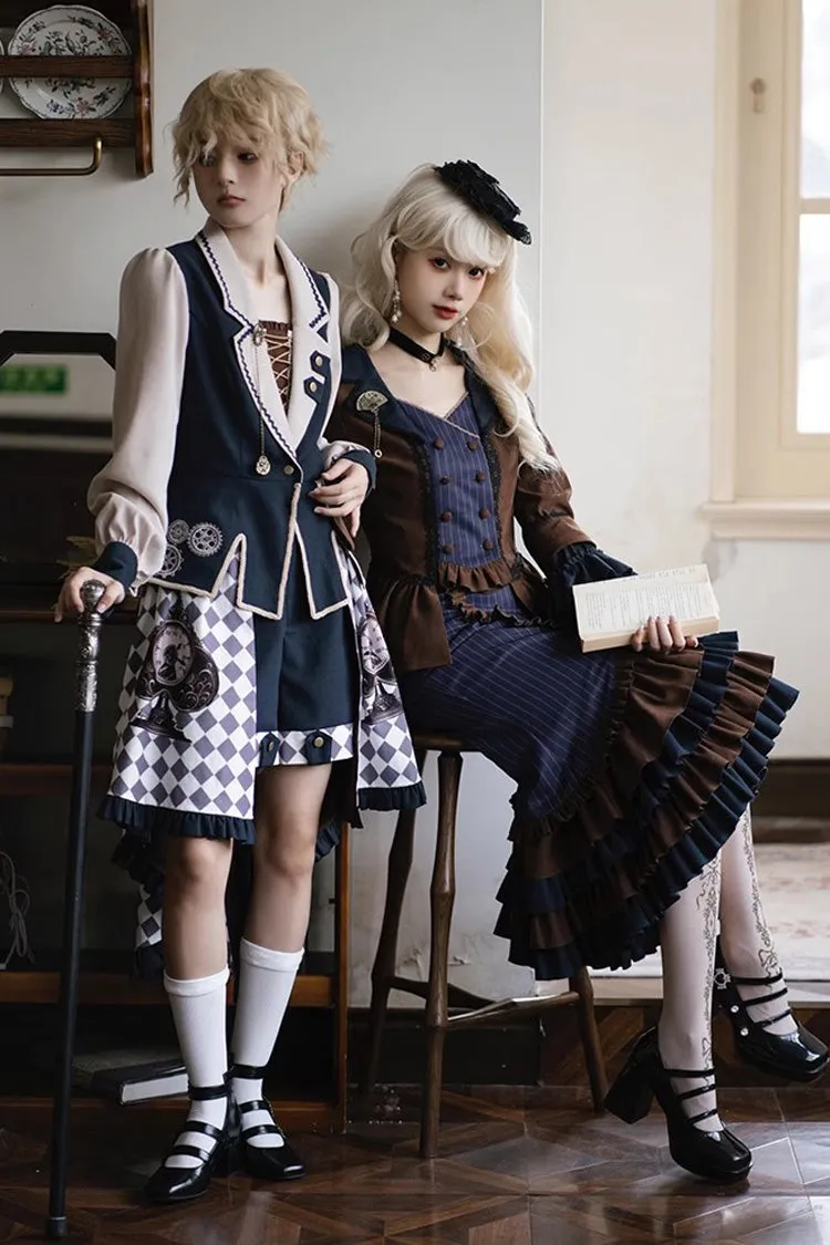 Blue/Brown Time Traveler Long Sleeves Multi-layer Print Ruffle Punk Lolita Mermaid Skirt Set
