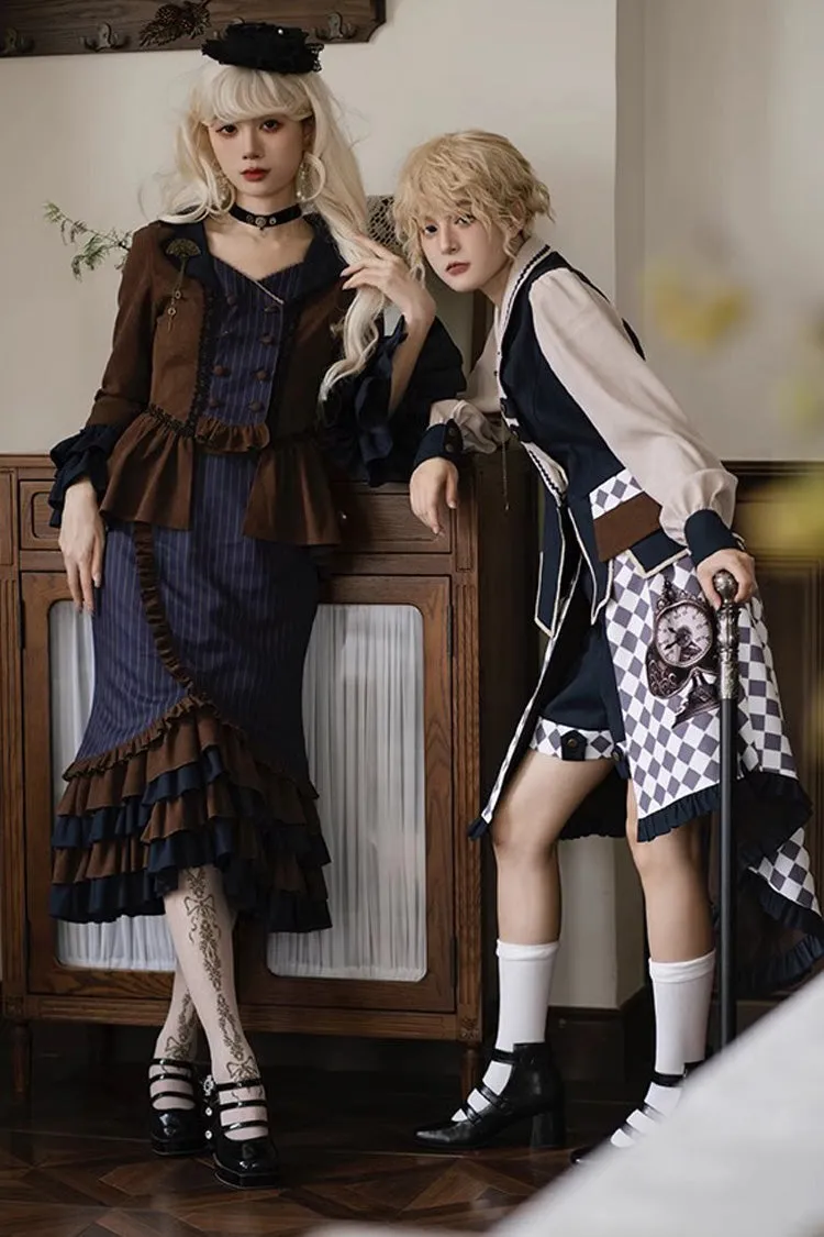 Blue/Brown Time Traveler Long Sleeves Multi-layer Print Ruffle Punk Lolita Mermaid Skirt Set