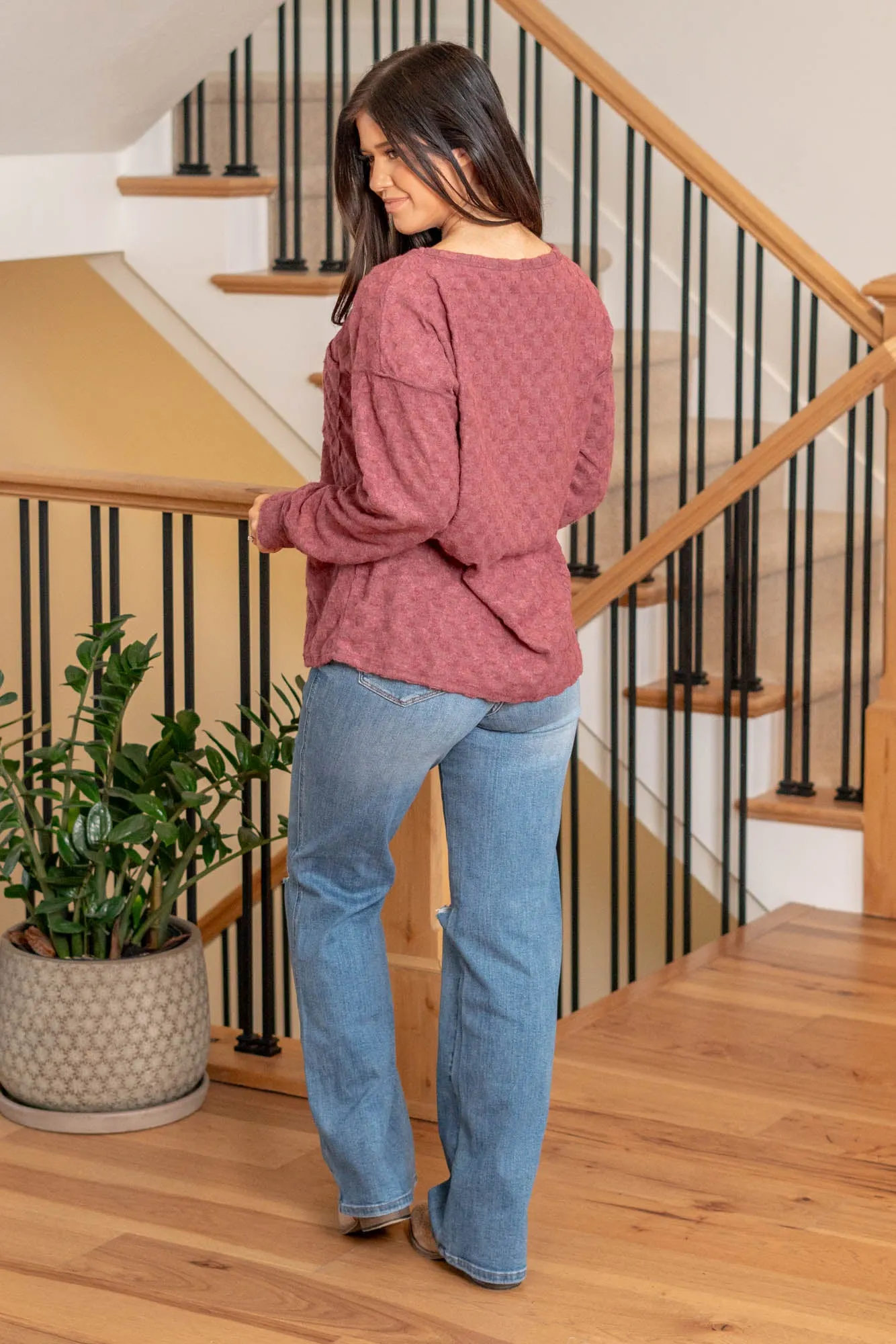 Brushed Checkered Pocket Top - Burgundy