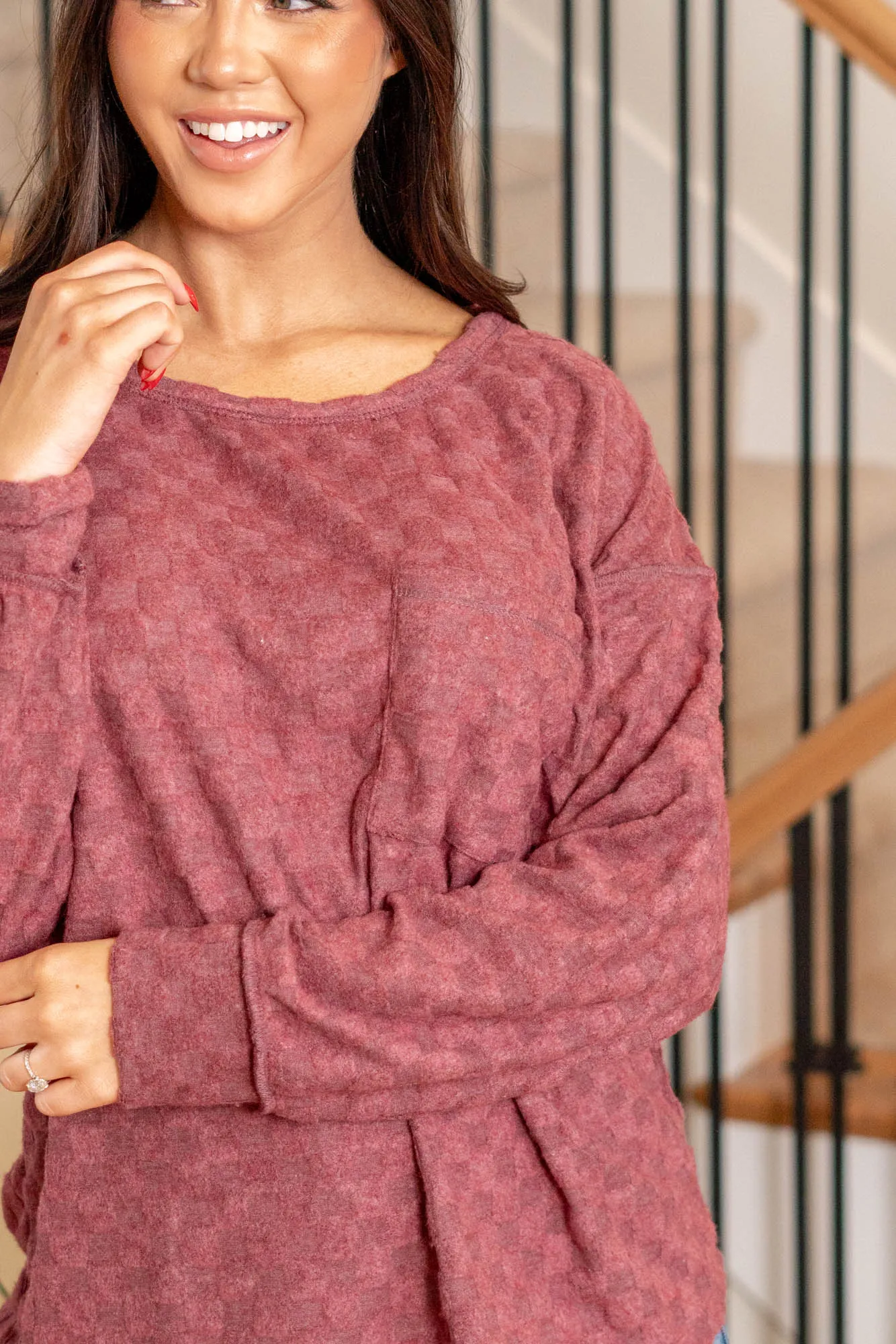 Brushed Checkered Pocket Top - Burgundy