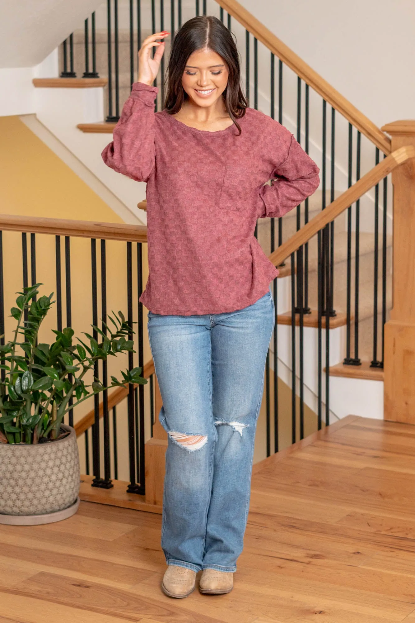Brushed Checkered Pocket Top - Burgundy