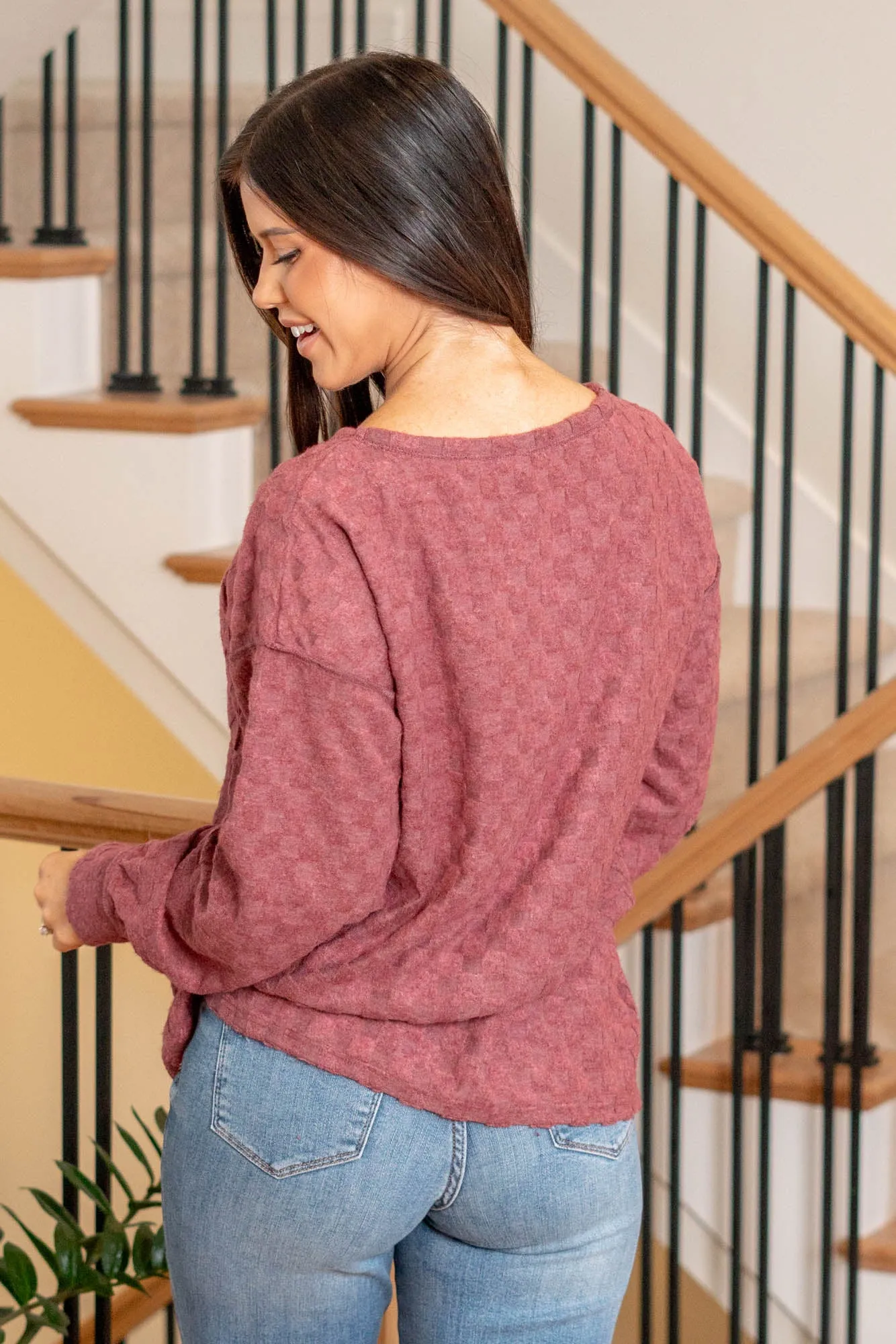 Brushed Checkered Pocket Top - Burgundy