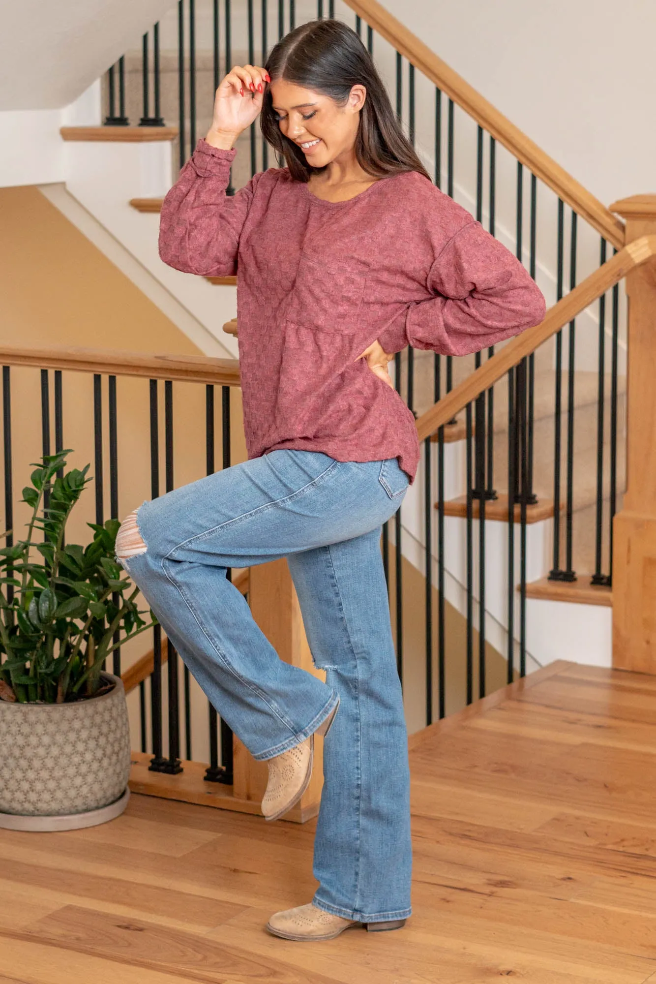 Brushed Checkered Pocket Top - Burgundy