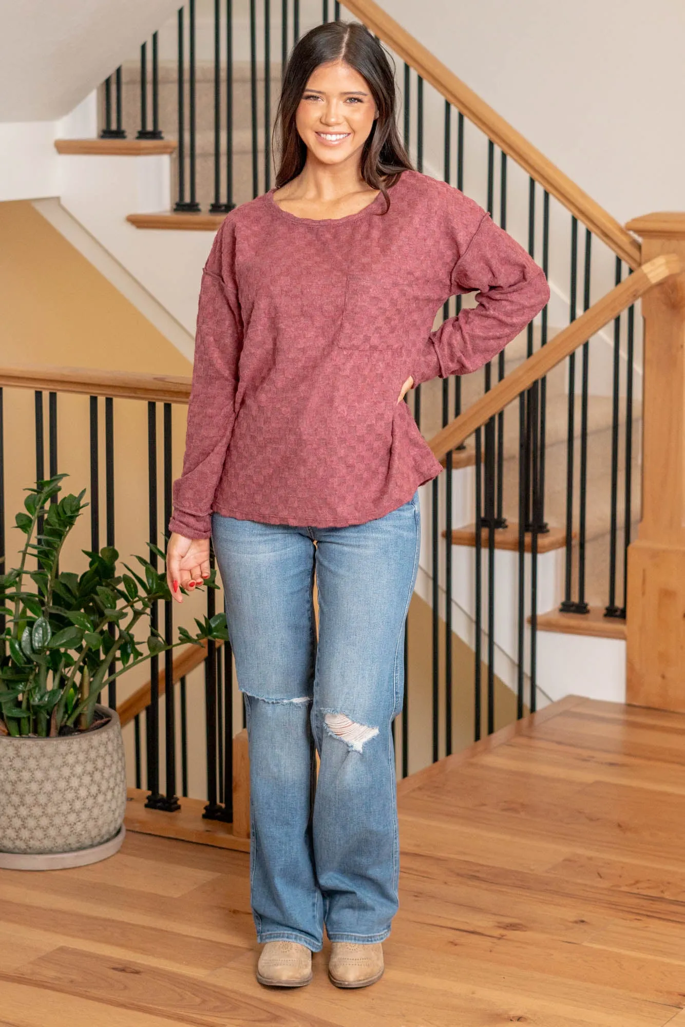 Brushed Checkered Pocket Top - Burgundy