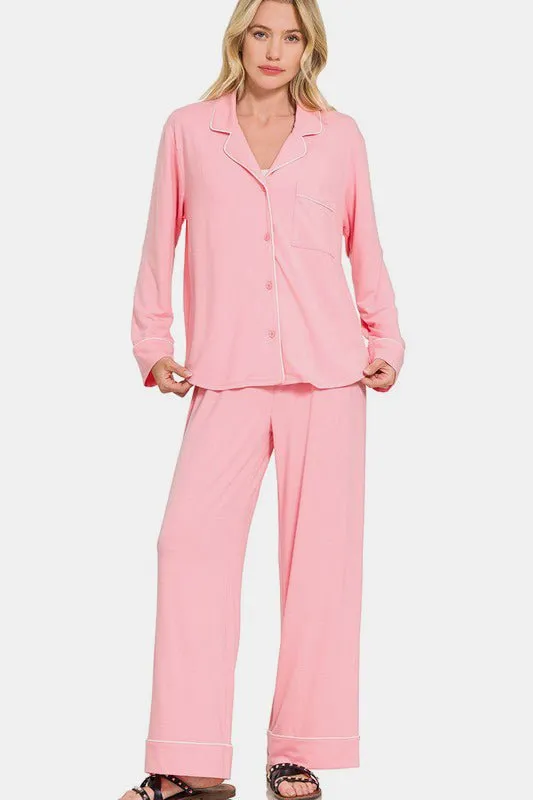 Button Down Long Sleeve Lounge Set