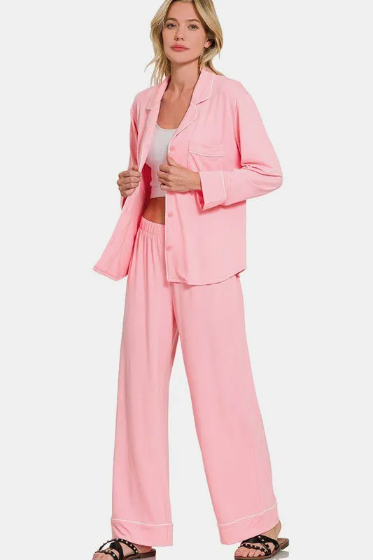 Button Down Long Sleeve Lounge Set