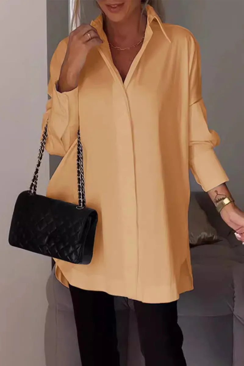 Casual Simplicity Solid Buttons Turndown Collar Tops