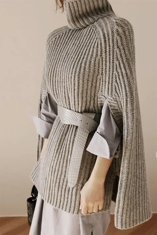Casual Street Solid Split Joint Turtleneck Tops Sweater (Without Belt)