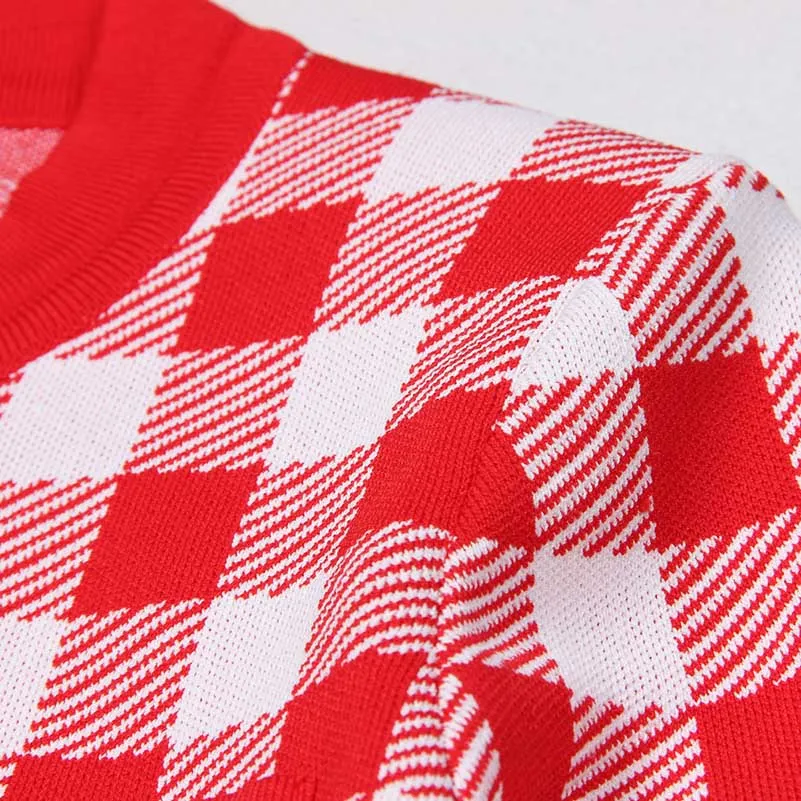 Checked Suit Chic Knit Crop Top Short Skirt Cardigan Coat Mini Dress Set