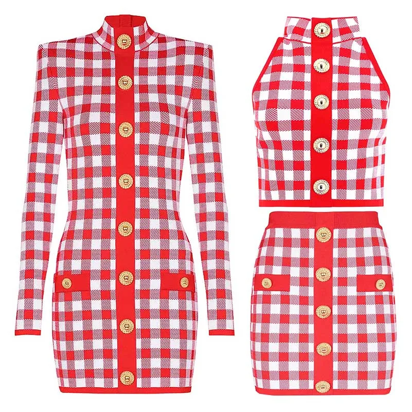 Checked Suit Chic Knit Crop Top Short Skirt Cardigan Coat Mini Dress Set