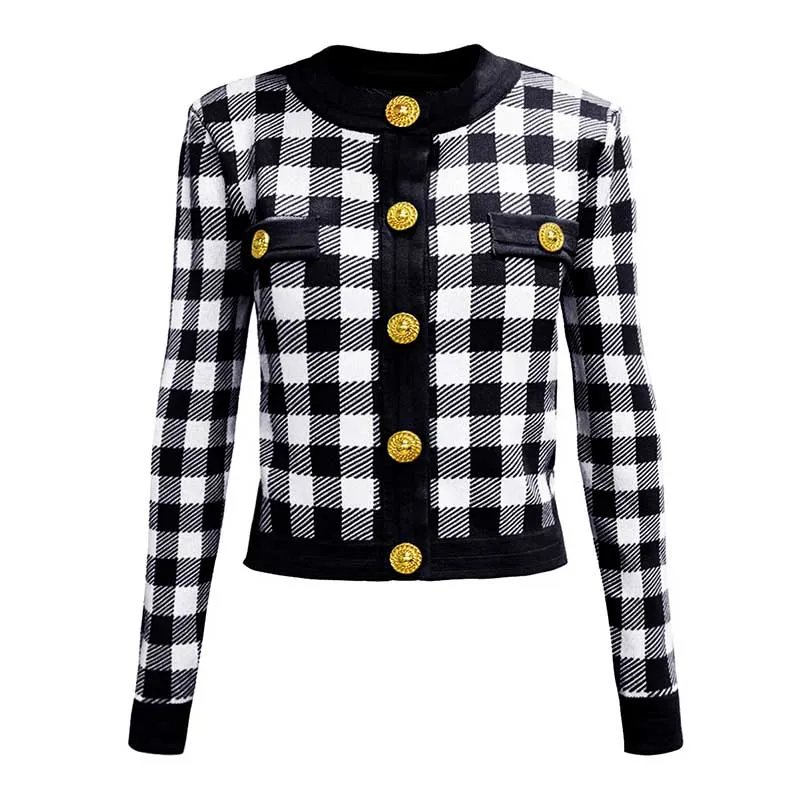 Checked Suit Chic Knit Crop Top Short Skirt Cardigan Coat Mini Dress Set