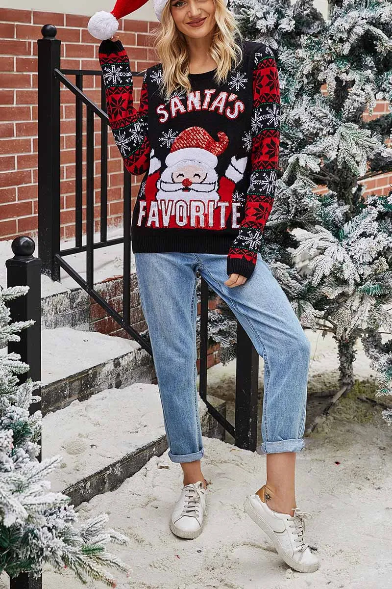 Chicindress Santa Embroidered Round Neck Knitted Sweater