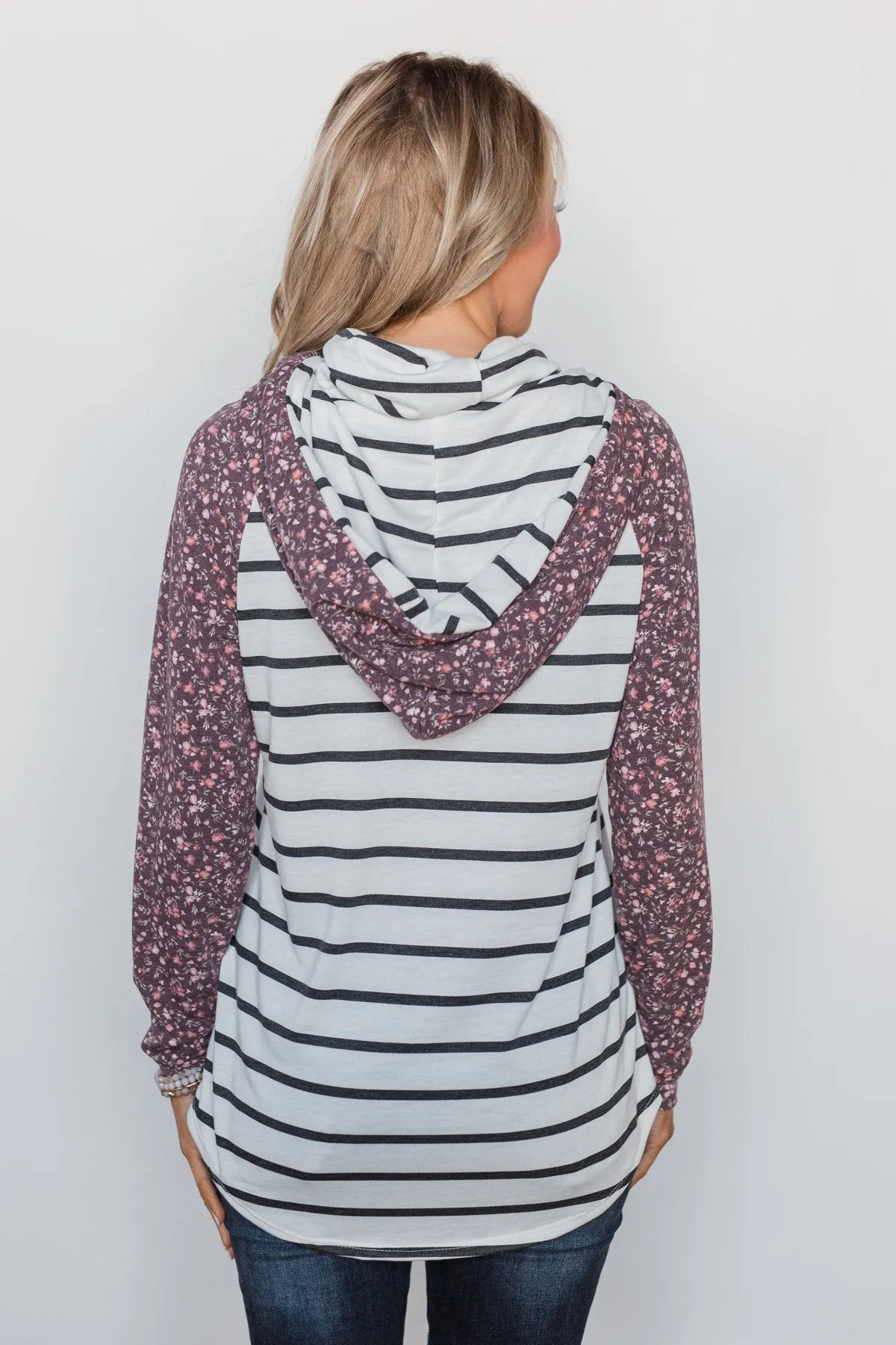Choosing You Floral & Striped Hoodie- Purple