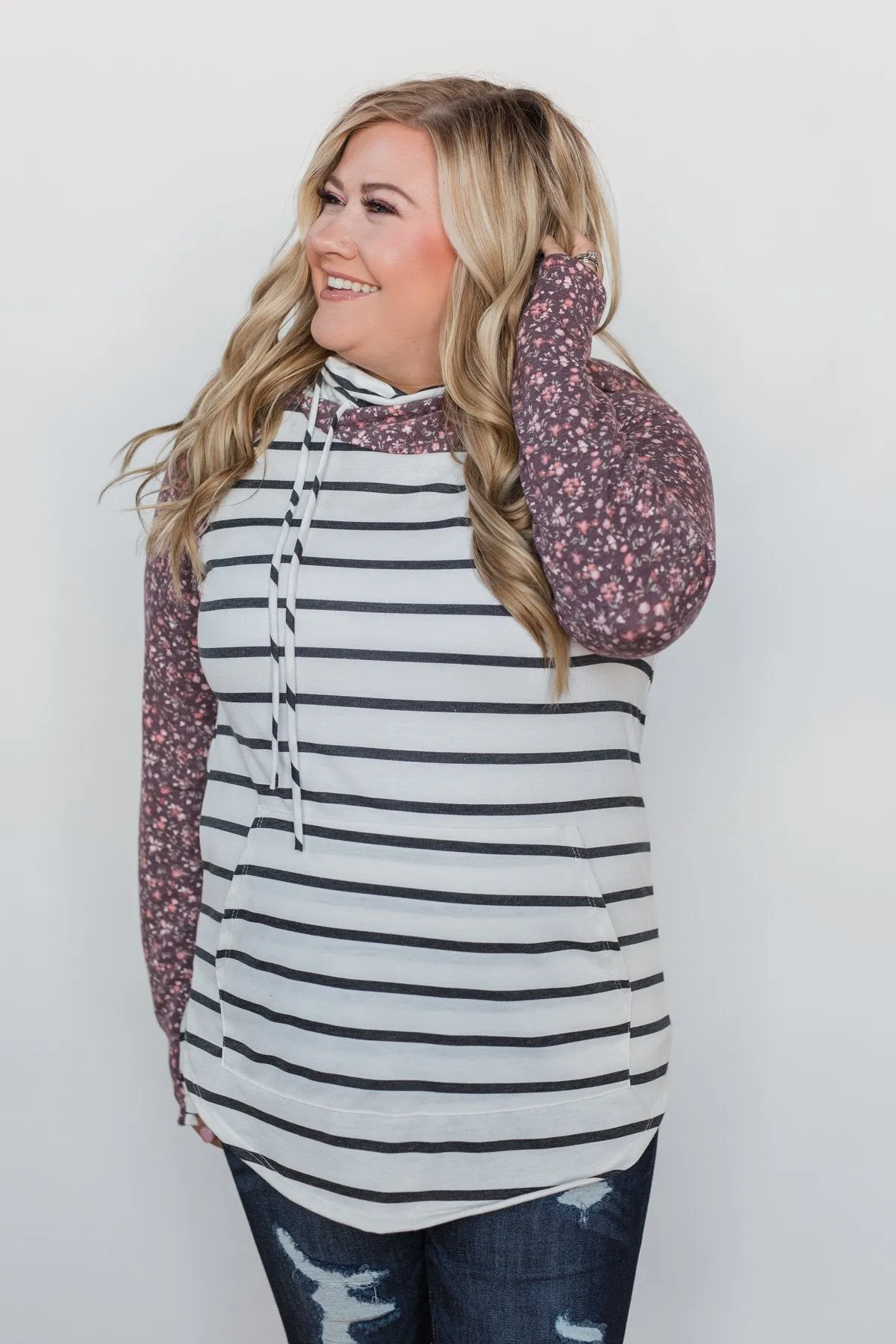 Choosing You Floral & Striped Hoodie- Purple