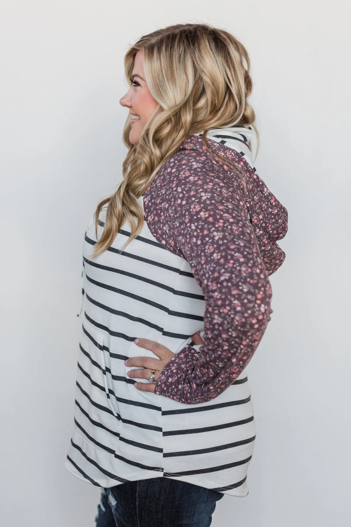 Choosing You Floral & Striped Hoodie- Purple