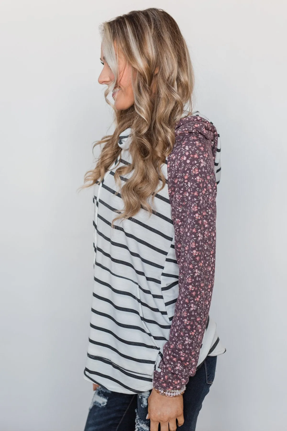 Choosing You Floral & Striped Hoodie- Purple