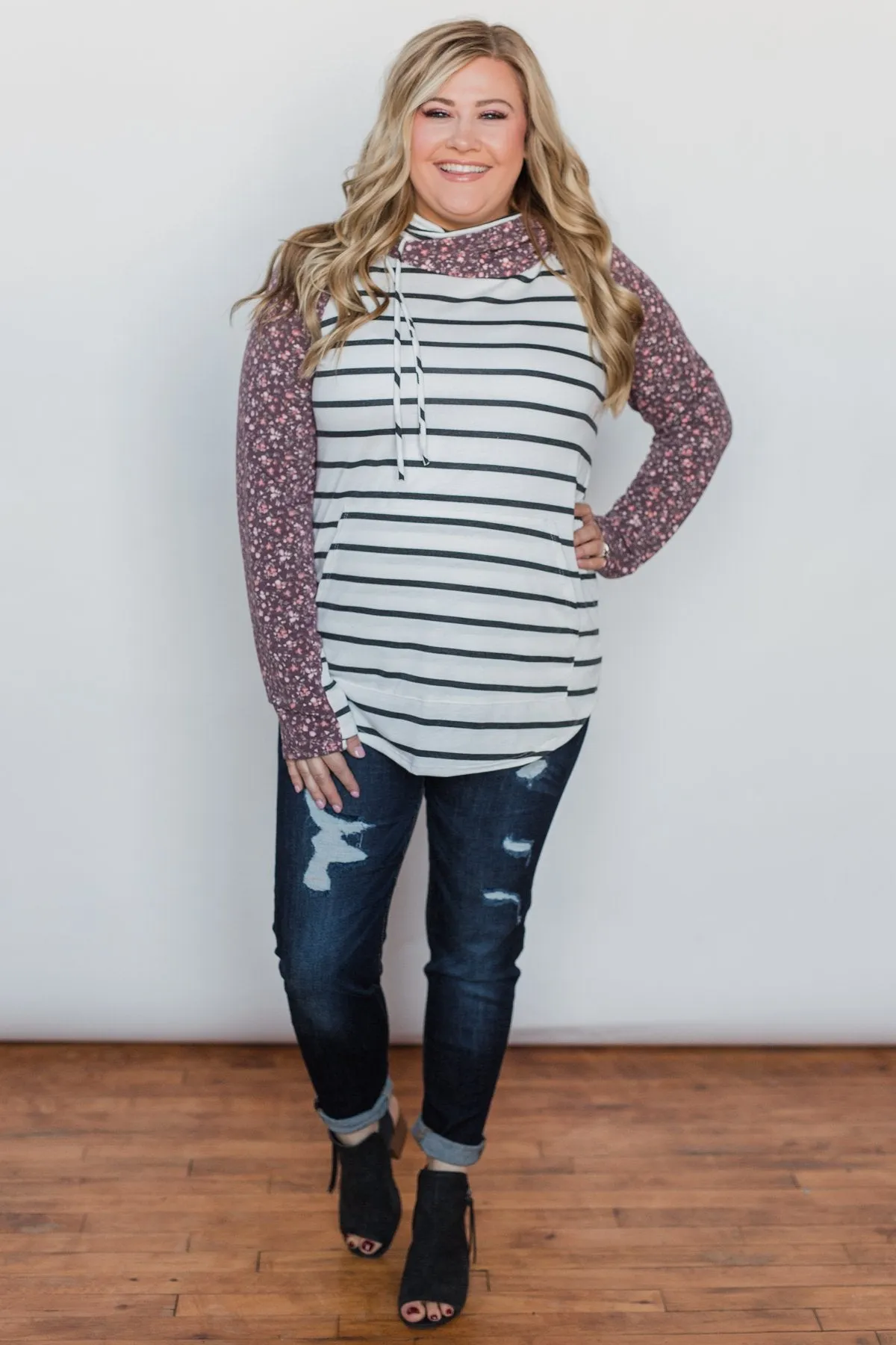 Choosing You Floral & Striped Hoodie- Purple