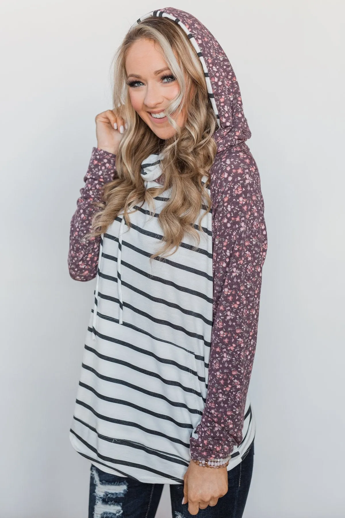 Choosing You Floral & Striped Hoodie- Purple