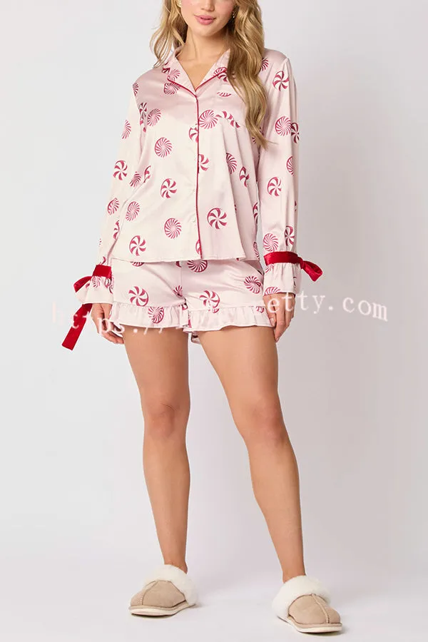Christmas Fashion Printed Bow Tie Top and Elastic Waist Ruffle Shorts Set