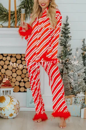 Christmas Party Striped Print Pocket Feather Elastic Waist Pajama Set
