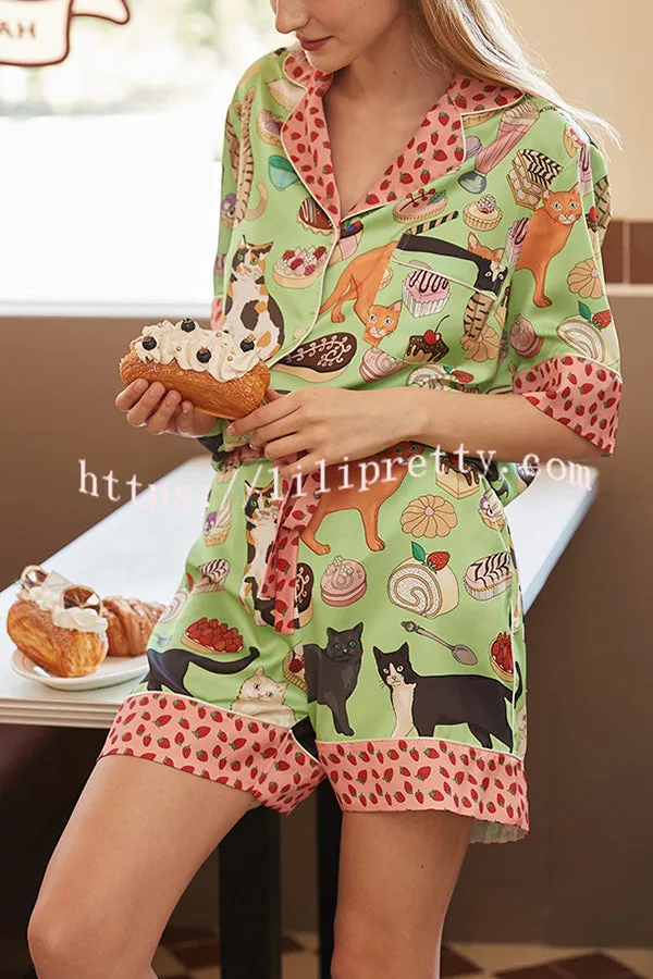 Coffee Cat Print Home Shorts Two-piece Set