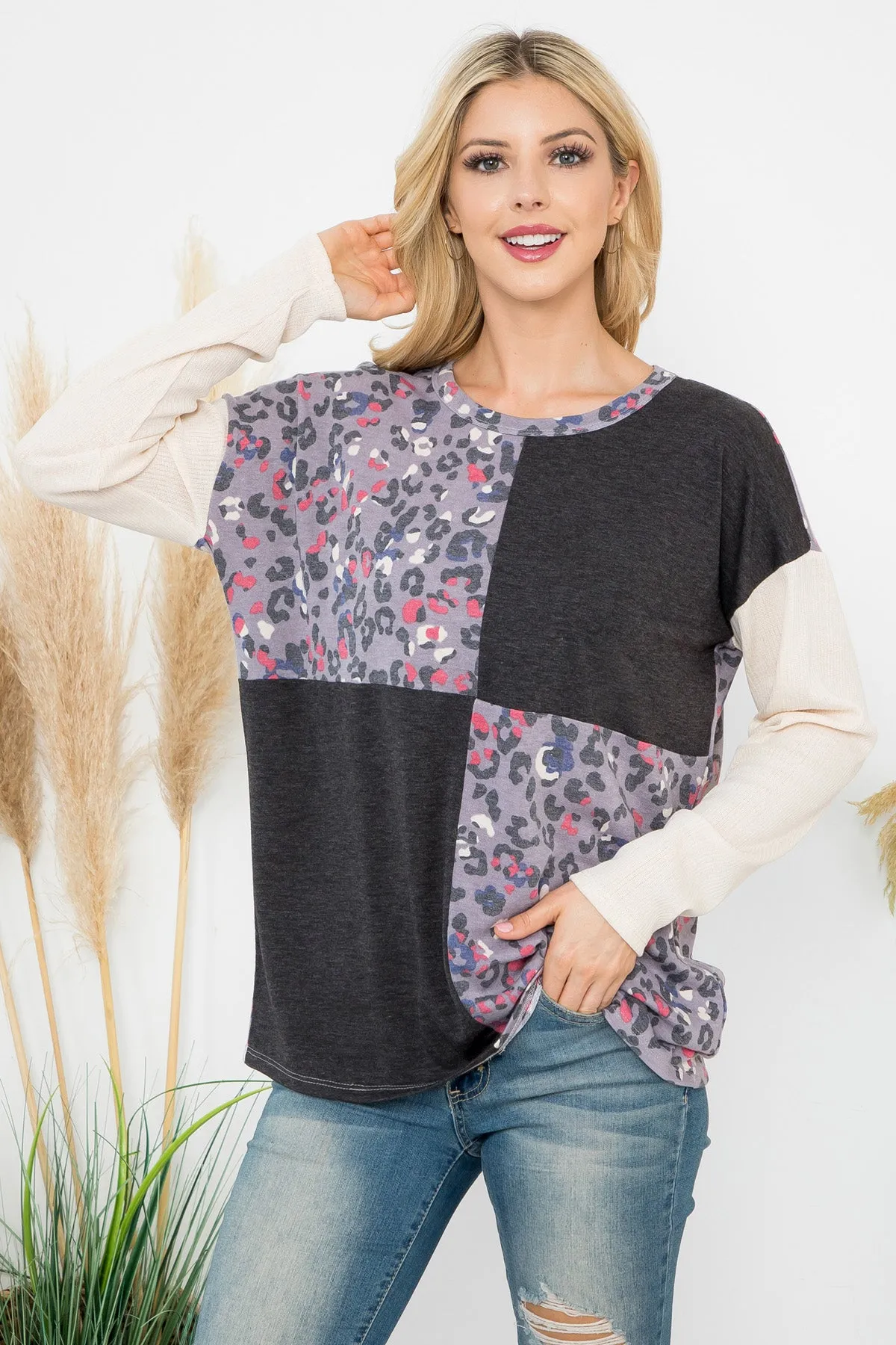 Color Block Contrast Leopard Long Sleeve Top