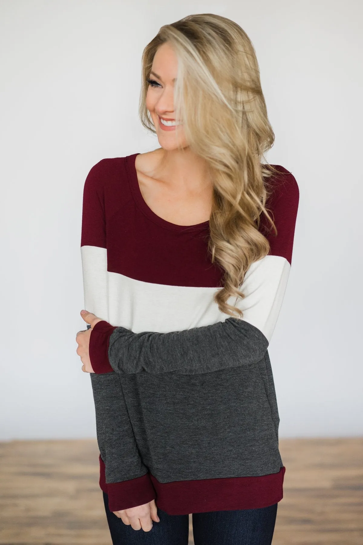 Color Block Cutie Long Sleeve Top - Maroon