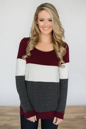 Color Block Cutie Long Sleeve Top - Maroon