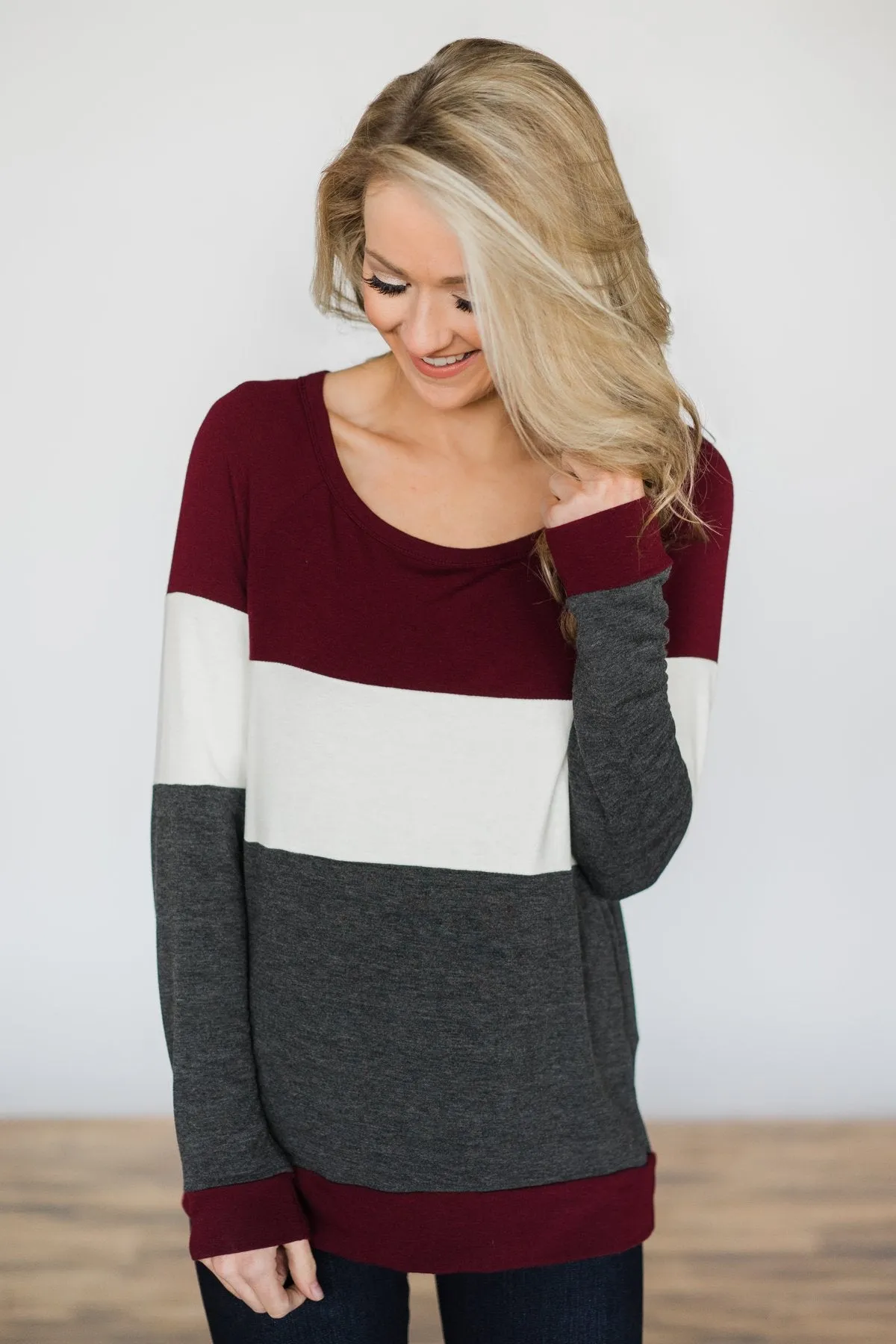 Color Block Cutie Long Sleeve Top - Maroon