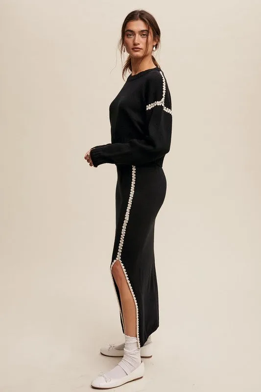 Contrast Stitch Knit Sweater and Long Skirt Set