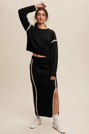Contrast Stitch Knit Sweater and Long Skirt Set