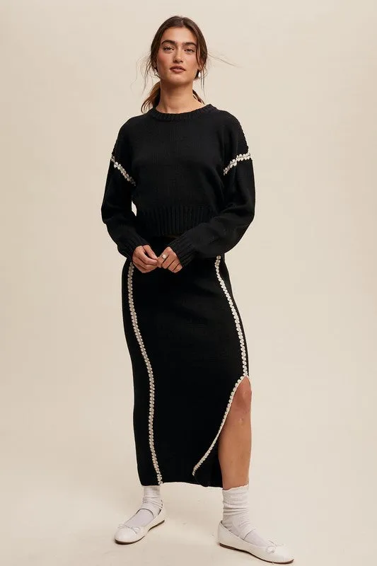 Contrast Stitch Knit Sweater and Long Skirt Set