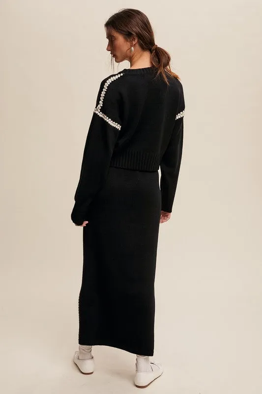 Contrast Stitch Knit Sweater and Long Skirt Set