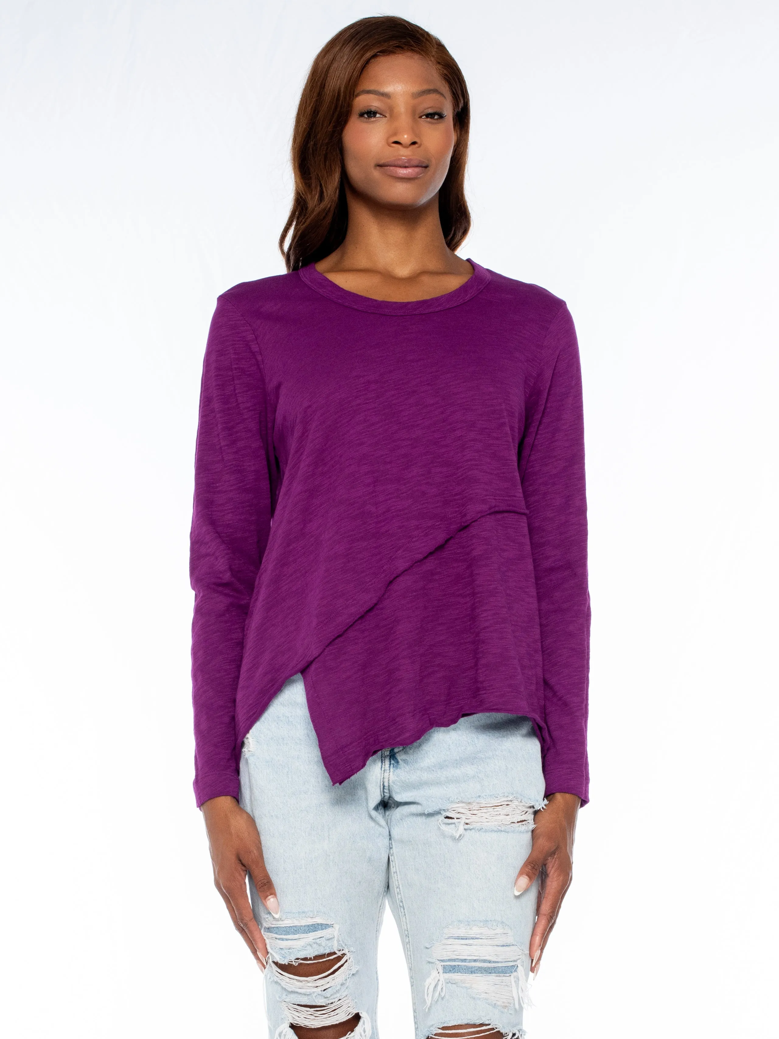 Crew Long Sleeve Easy Crossover Raw Hem Top