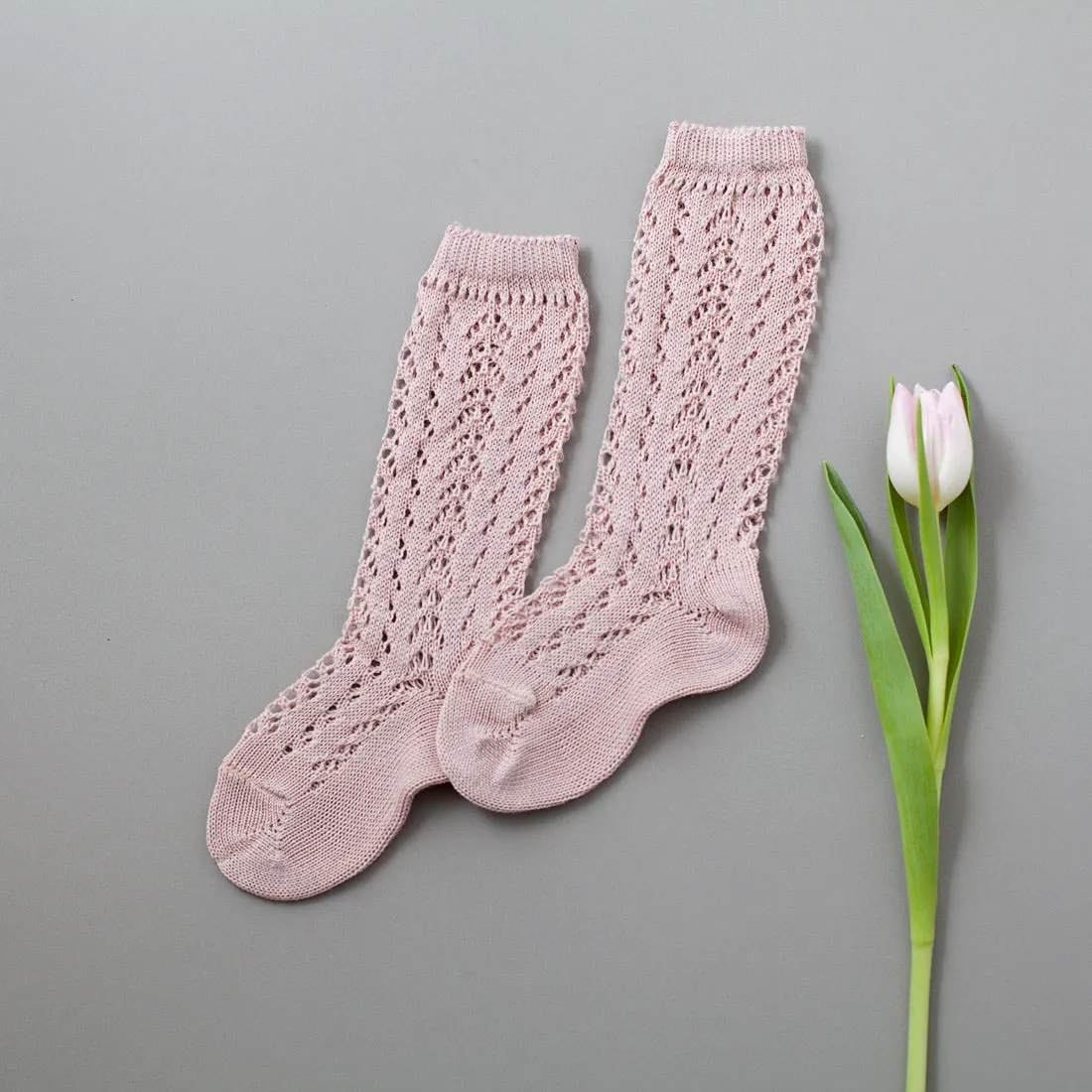 Crochet Folklore Knee Socks, Vintage Rose