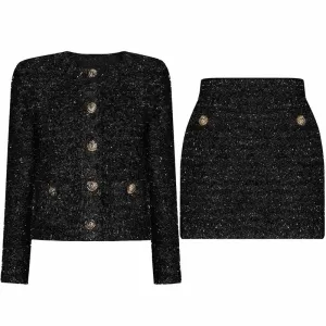 Cropped Tweed Knit Jacket Mini Skirt Suit